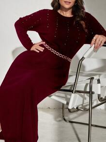 Mulvari Plus Pearls Beaded Drop Shoulder Jumper Dress - Maroon - View 7