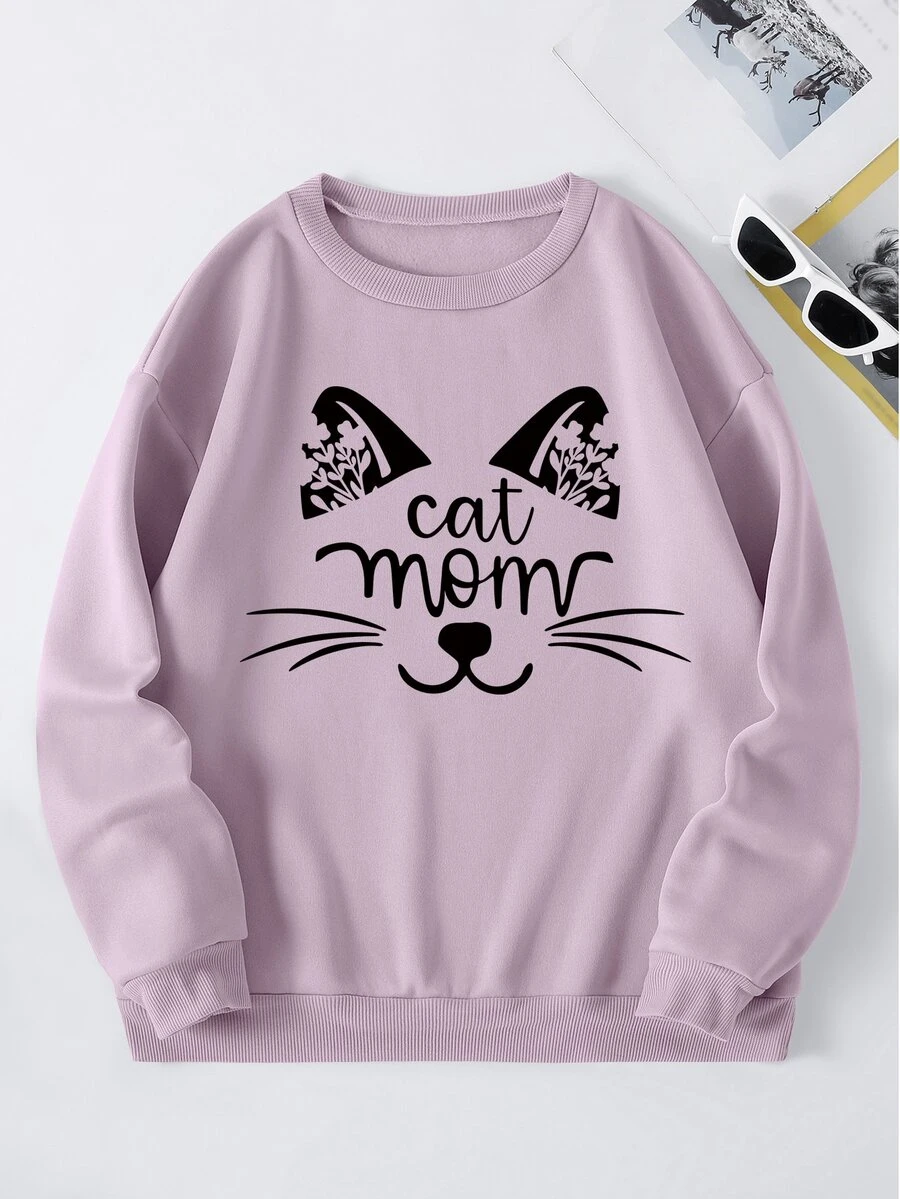 SHEIN Essnce Letter & Cartoon Graphic Thermal Lined Sweatshirt - Lilac Purple - View 1