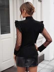 SHEIN BAE Top de malla en contraste ribete con fruncido de cuello alto - Negro - Ver 2