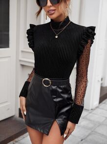 SHEIN BAE Top de malla en contraste ribete con fruncido de cuello alto - Negro - Ver 5