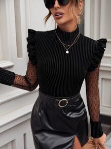 SHEIN BAE Top de malla en contraste ribete con fruncido de cuello alto - Negro - Ver 6