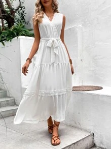 Breezaya Vestido con cinturón con encaje en contraste bajo con fruncido - Blanco - Ver 3
