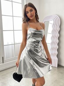 SHEIN BAE Draped Collar Lace Up Backless PU Cami Dress - Silver - View 6