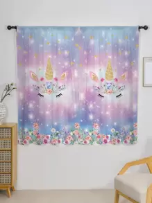 花卉圖案和獨角獸樣式單片窗簾 - 彩色 - 查看 1