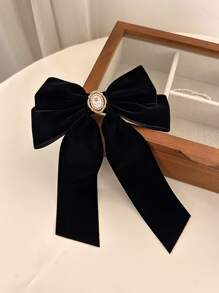 Flower Detail Faux Pearl & Bow Decor Hair Clip Elegant - Black - View 3