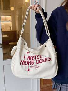 字母细节手提包，Y2K 大容量单肩包，女士时尚流浪包，适合工作和购物时尚、休闲字母便携、大容量、配有可调节肩带，适合女孩、适合大学生户外、旅行、郊游、返校 - 米色 - 查看 1