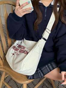 字母细节手提包，Y2K 大容量单肩包，女士时尚流浪包，适合工作和购物时尚、休闲字母便携、大容量、配有可调节肩带，适合女孩、适合大学生户外、旅行、郊游、返校 - 米色 - 查看 2