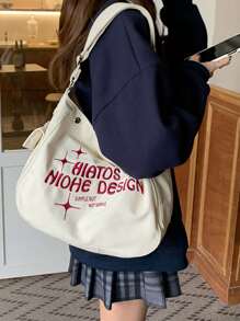 字母细节手提包，Y2K 大容量单肩包，女士时尚流浪包，适合工作和购物时尚、休闲字母便携、大容量、配有可调节肩带，适合女孩、适合大学生户外、旅行、郊游、返校 - 米色 - 查看 4