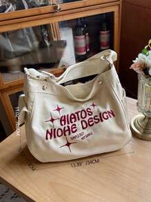 字母细节手提包，Y2K 大容量单肩包，女士时尚流浪包，适合工作和购物时尚、休闲字母便携、大容量、配有可调节肩带，适合女孩、适合大学生户外、旅行、郊游、返校 - 米色 - 查看 5