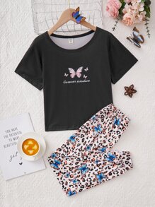 Girls Butterfly & Slogan Graphic PJ Set - Multicolor - View 1