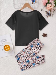 Girls Butterfly & Slogan Graphic PJ Set - Multicolor - View 2