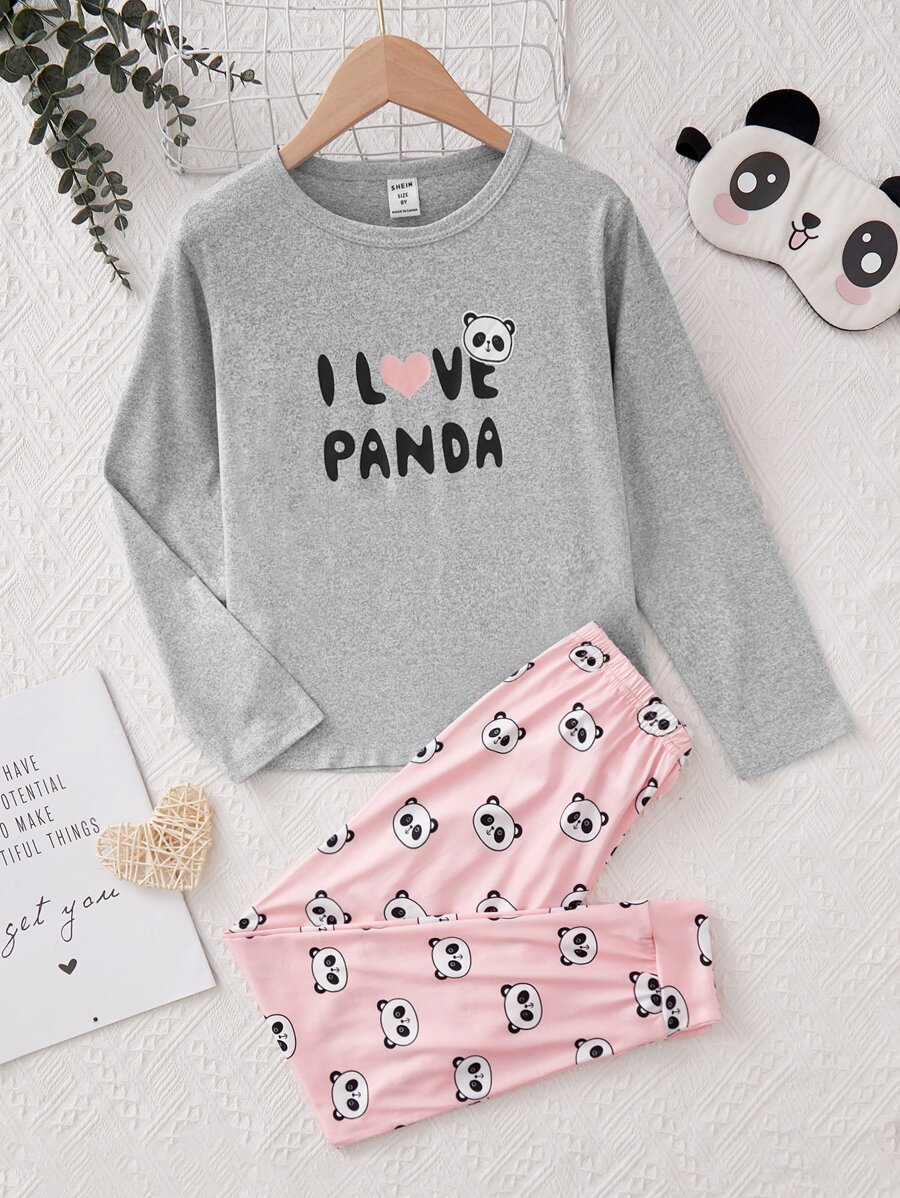 Girls Panda & Slogan Graphic Tee & Trousers PJ Set - Multicolor - View 1