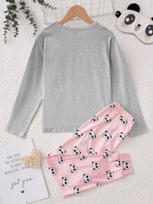 Girls Panda & Slogan Graphic Tee & Trousers PJ Set - Multicolor - View 2