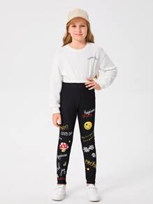 SHEIN 少女卡通脸图案高腰紧身裤 - 黑色 - 查看 2