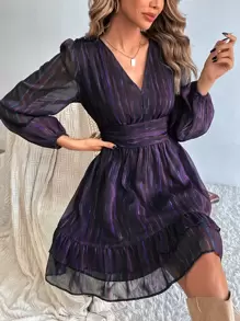 GENKIRA 燈籠袖荷葉邊洋裝 - 紫色 - 查看 1