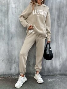 SHEIN Unity 字母圖案袋鼠口袋抽繩連帽衫和運動褲 - 卡其色 - 查看 1