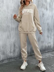 SHEIN Unity 字母圖案袋鼠口袋抽繩連帽衫和運動褲 - 卡其色 - 查看 3