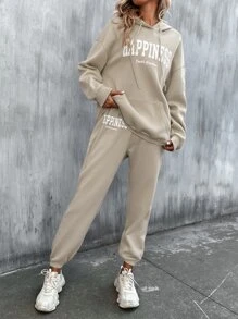 SHEIN Unity 字母圖案袋鼠口袋抽繩連帽衫和運動褲 - 卡其色 - 查看 4