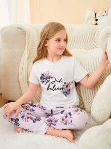 Girls Floral & Letter Graphic PJ Set - Multicolor - View 1