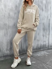 SHEIN Unity 字母圖案袋鼠口袋抽繩連帽衫和運動褲 - 卡其色 - 查看 5