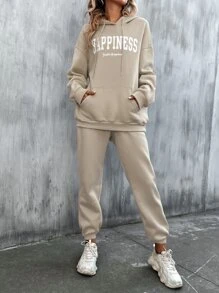 SHEIN Unity 字母圖案袋鼠口袋抽繩連帽衫和運動褲 - 卡其色 - 查看 6