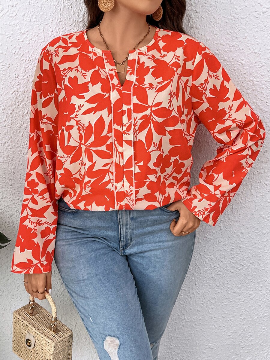 Franclia Plus Leaves Print Notched Neck Blouse - Multicolor - View 1