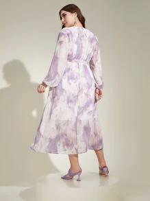 Modelyn Plus Tie Dye Lantern Sleeve Belted Dress - Multicolor - View 2