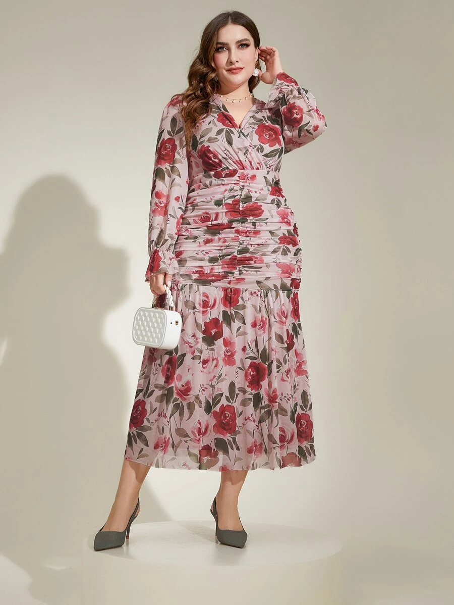 Modelyn Vestido con estampado floral fruncido bajo con fruncido - Multicolor - Ver 1