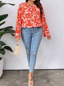 Franclia Plus Leaves Print Notched Neck Blouse - Multicolor - View 3