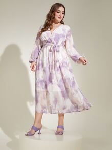 Modelyn Plus Tie Dye Lantern Sleeve Belted Dress - Multicolor - View 4