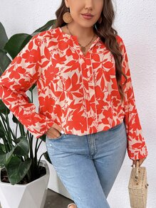 Franclia Plus Leaves Print Notched Neck Blouse - Multicolor - View 4