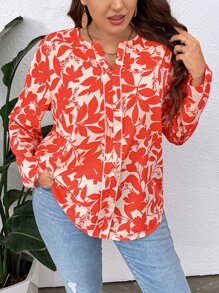 Franclia Plus Leaves Print Notched Neck Blouse - Multicolor - View 5