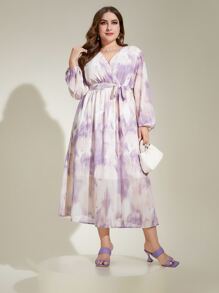 Modelyn Plus Tie Dye Lantern Sleeve Belted Dress - Multicolor - View 6