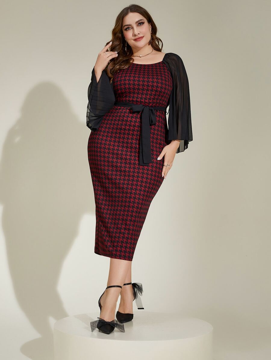 Modelyn Vestido ajustado con estampado de pata de gallo fruncido de manga con cinturón