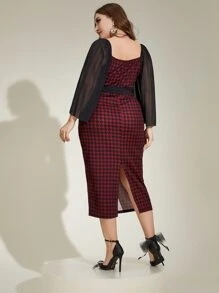 Modelyn Vestido ajustado con estampado de pata de gallo fruncido de manga con cinturón