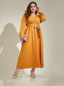 Modelyn Plus Surplice Neck Belted Dress - Mustard Yellow - View 1