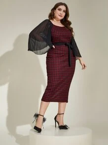 Modelyn Vestido ajustado con estampado de pata de gallo fruncido de manga con cinturón