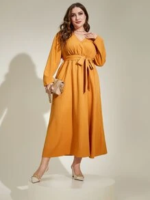 Modelyn Plus Surplice Neck Belted Dress - Mustard Yellow - View 3