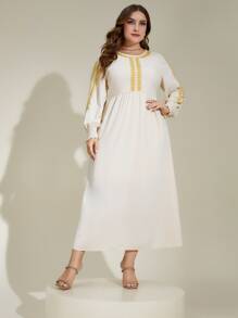 Al Najma Plus Embroidery Shirred Cuff Lantern Sleeve Dress - Apricot - View 1