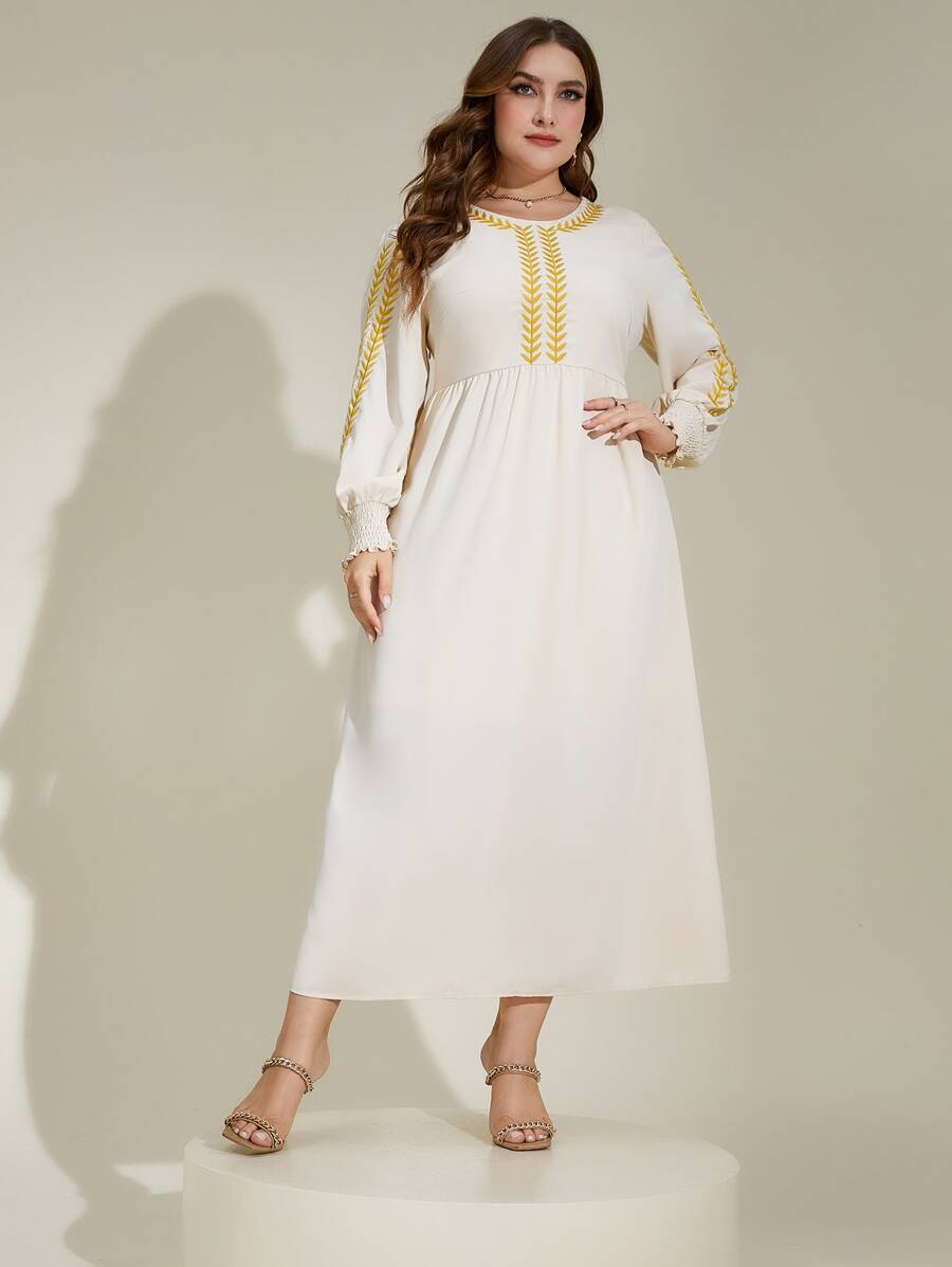 Al Najma Plus Embroidery Shirred Cuff Lantern Sleeve Dress - Apricot - View 1