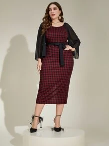 Modelyn Vestido ajustado con estampado de pata de gallo fruncido de manga con cinturón