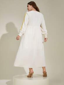 Al Najma Plus Embroidery Shirred Cuff Lantern Sleeve Dress - Apricot - View 2