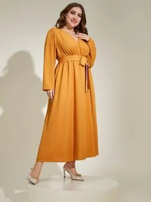 Modelyn Plus Surplice Neck Belted Dress - Mustard Yellow - View 4