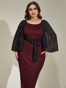 Modelyn Vestido ajustado con estampado de pata de gallo fruncido de manga con cinturón