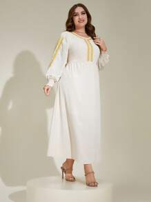 Al Najma Plus Embroidery Shirred Cuff Lantern Sleeve Dress - Apricot - View 3