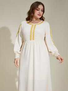 Al Najma Plus Embroidery Shirred Cuff Lantern Sleeve Dress - Apricot - View 4