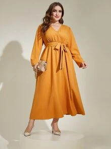 Modelyn Plus Surplice Neck Belted Dress - Mustard Yellow - View 5