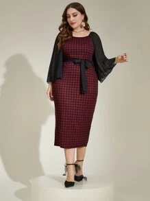 Modelyn Vestido ajustado con estampado de pata de gallo fruncido de manga con cinturón