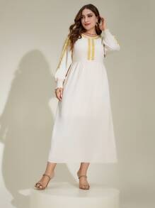 Al Najma Plus Embroidery Shirred Cuff Lantern Sleeve Dress - Apricot - View 5