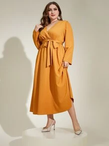 Modelyn Plus Surplice Neck Belted Dress - Mustard Yellow - View 6